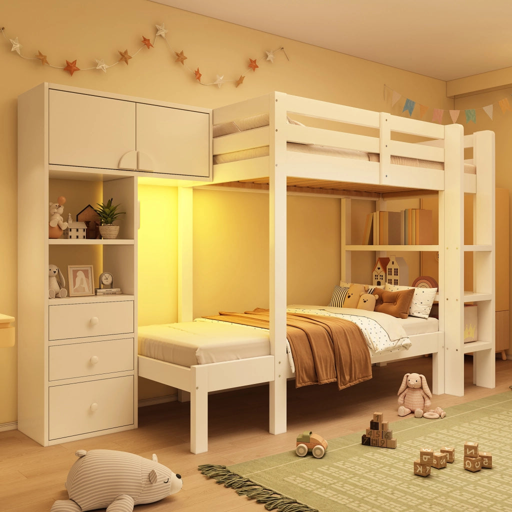 LETTO A CASTELLO SFALSATO 90x200 cm Bianco Metallo e Legno con Ripiani e Cassetti