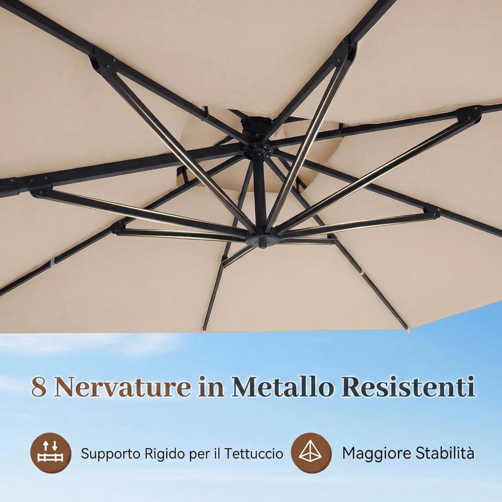 Ombrellone da Giardino 300 cm con Base a Croce, Ombrellone da Esterno Quadrato con Manovella, Rotazione 360°, 8 Stecche Metalliche Resistenti, per Balcone, Terrazzo e Piscina