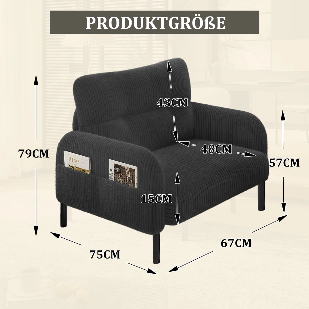 POLTRONA Singola in corduroy grigio 67 x 75 x 79 cm con tasca laterale