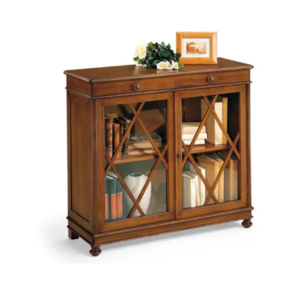 Libreria 2 ante 2 cassetti arte povera in legno massello e mdf con rifinitura in noce 110X40X100 H