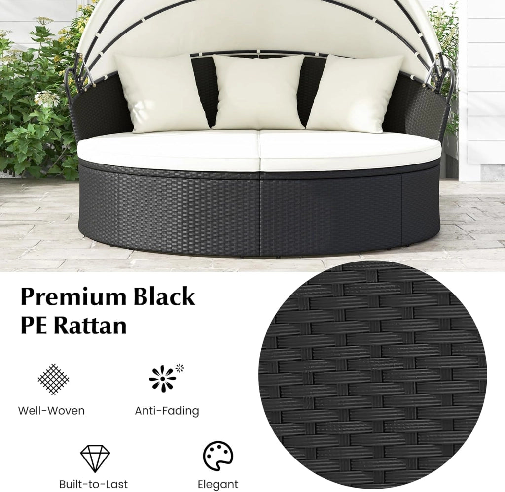 Letto da giardino esterno rotondo Ø187 cm in rattan PE con baldacchino retrattile, divano letto esterno per 2-3 persone, set salotto da giardino con cuscini(Beige)