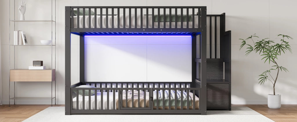DESMIU Letto a castello 140 × 200 cm 2 posti con LED, scala contenitore, senza materasso, nero