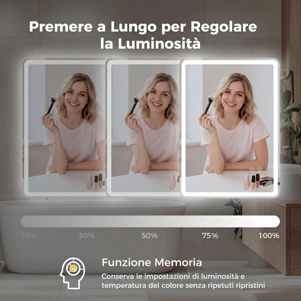 Specchio da Bagno LED 70 x 50 cm, Vetro Temperato Antiesplosione, Specchio da Parete Retroilluminato Dimmerabile con 3 Colori di Illuminazione e Anti-Appannamento (70 x 50 x 3 cm)