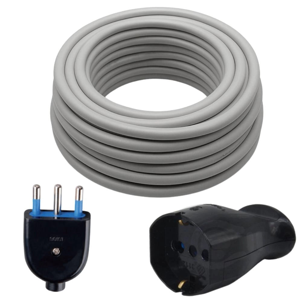 kit composto da 20 mt cavo fror grigio + presa schuko 10/16a + spina nera 16a