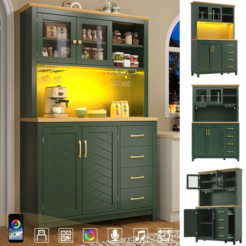 Credenza e madia con 4 ante, ripiani interni e LED, per cucina e soggiorno, in MDF verde, 105,5 × 40 × 180 cm