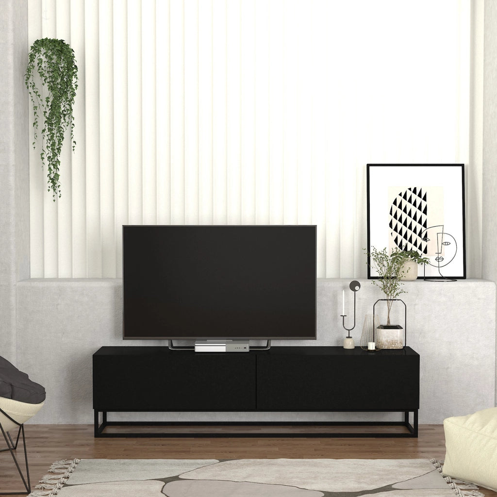 Mobile Porta TV Nolven a 2 Ante Ribalta e Telaio Lungo in Metallo 180x32x47 cm - Nero [en.casa]
