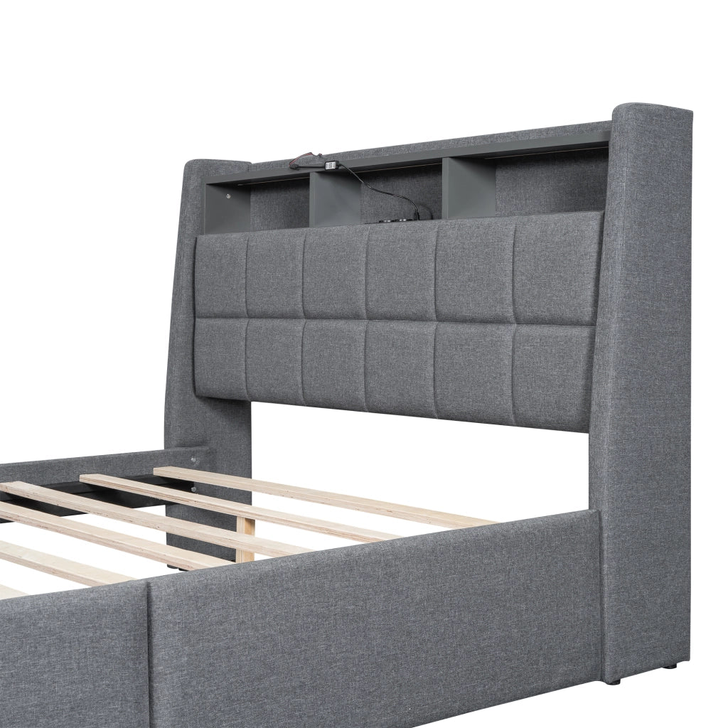 OKWISH Letto con Cassetti 140×200 cm, Letto Matrimoniale con LED Regolabile, USB e Contenitore, senza Materasso, in Lino, Grigio