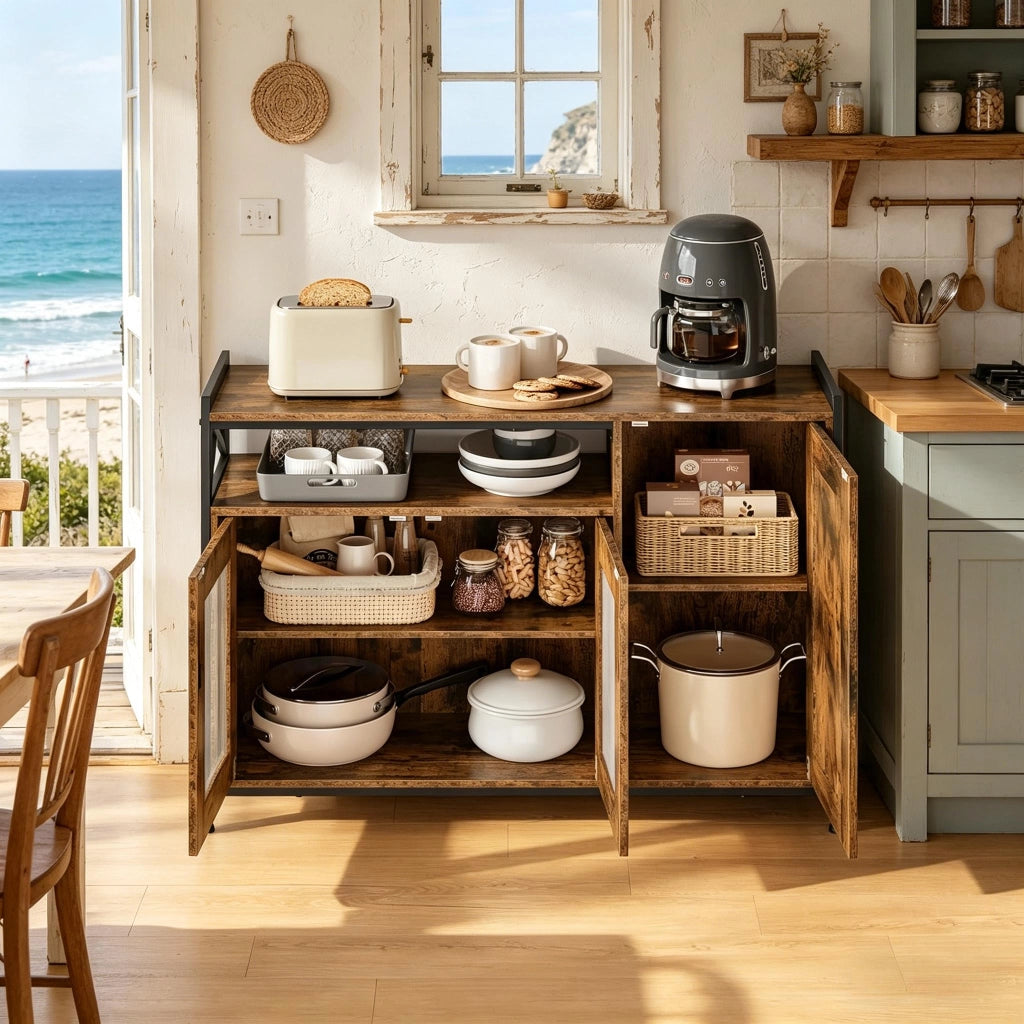 Credenza industriale con vano aperto e 2 ante, mobile cucina in legno e metallo, colore rustico marrone