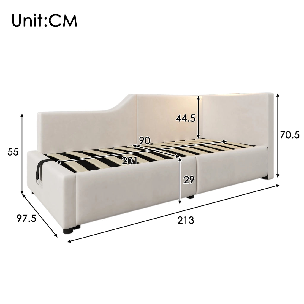 LETTO Daybed 90x200 cm in velluto beige con stoccaggio idraulico, lampada e USB-C