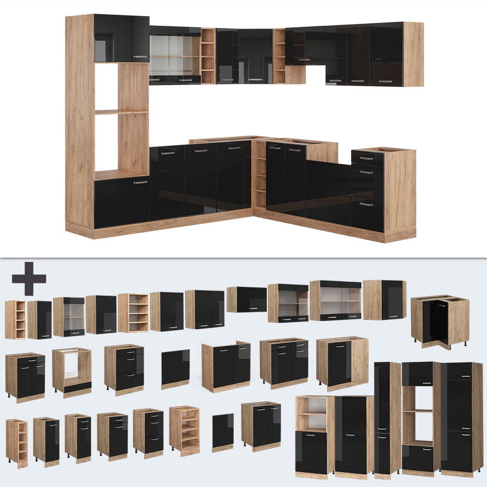 Vicco Cucina angolare completa Rovere nero/oro lucido 237 x 247 cm , PL Rovere