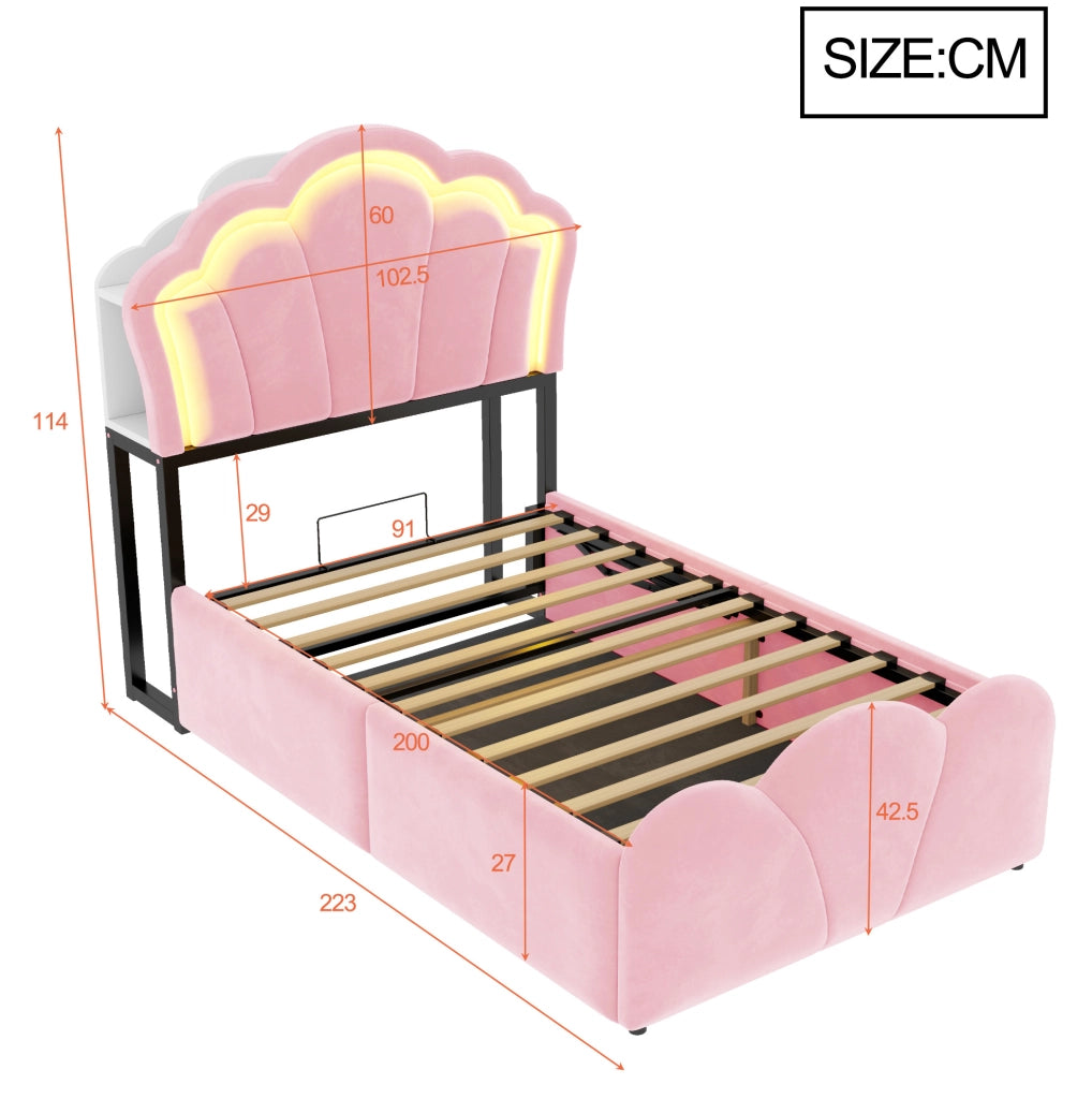 Letto imbottito 90x200 cm in velluto rosa con contenitore idraulico; LED e prese integrate