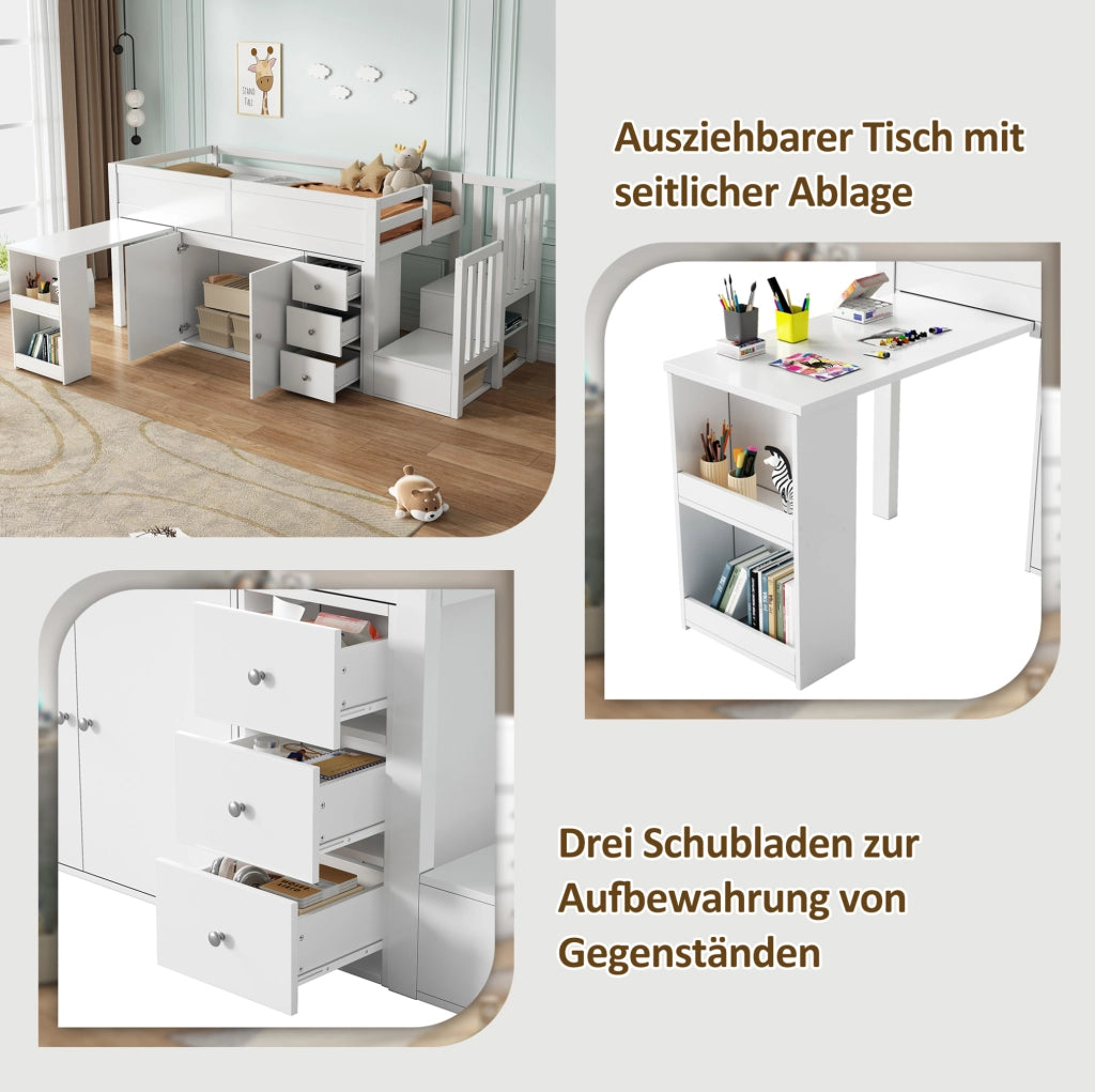 Letto a castello per bambini 90x200 cm in MDF bianco con scrivania estraibile e contenitore