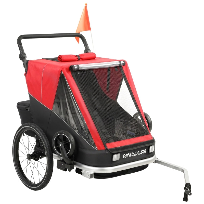 Rimorchio bici per bambini 2 posti 2-in-1 pieghevole rosso con seduta regolabile e cinture di sicurezza