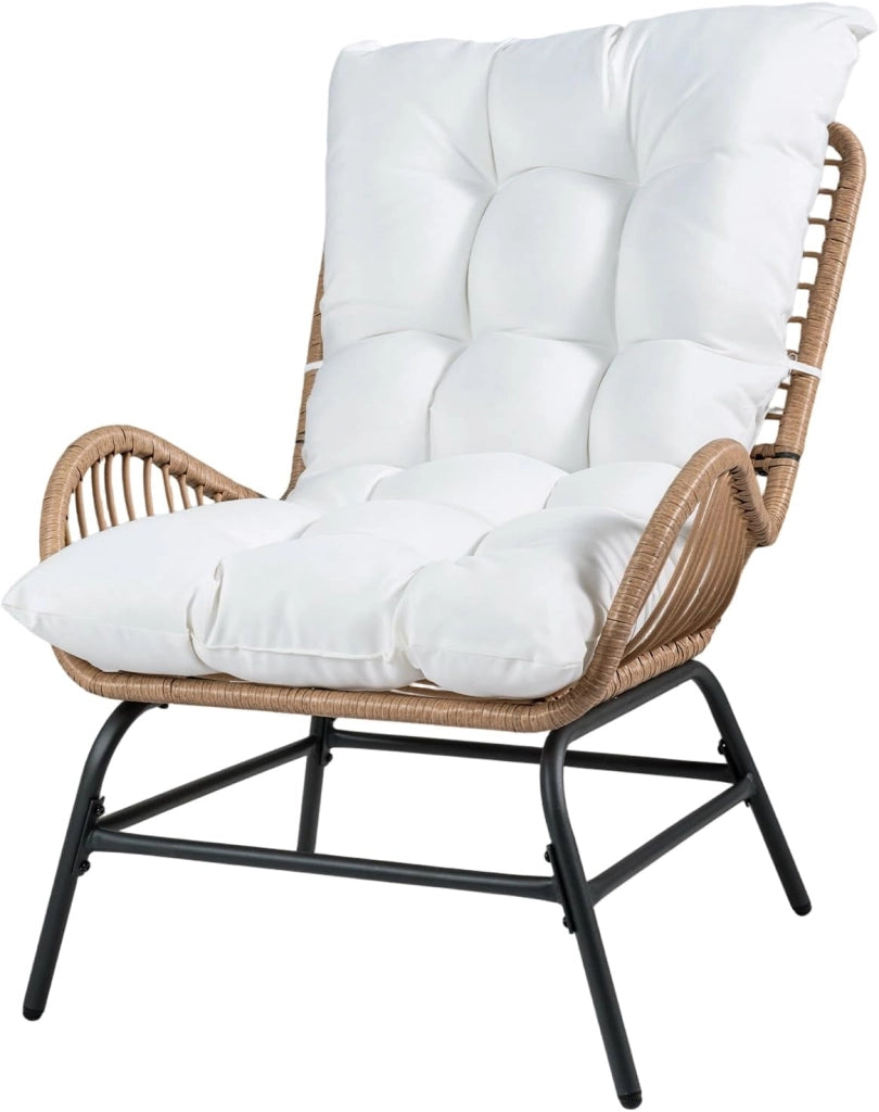 Poltrona da Giardino in Rattan PE, Sedia Relax con Cuscino Imbottito, Portata 180 KG, Sedile Ampio, Schienale e Braccioli, Poltrona Ergonomica per Balcone, Terrazza, Patio, Salotto (2,Bianco)