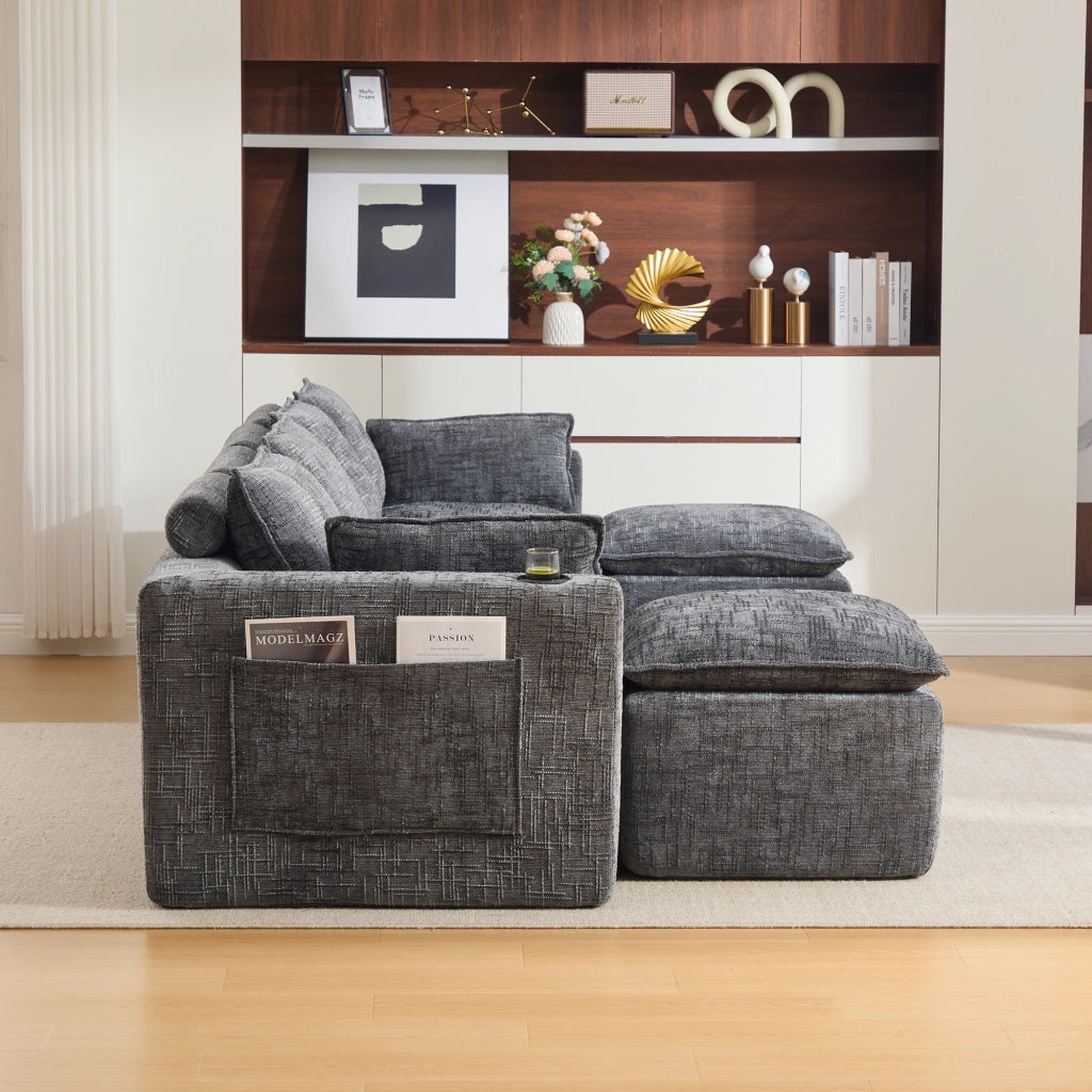 Divano modulare 4 posti con tasche laterali e cuscini in tessuto chenille grigio scuro per salotto 322 × 161 × 75 cm
