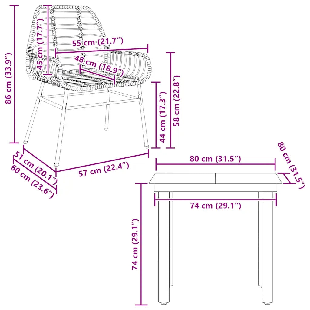 Set Mobili da Pranzo per Giardino 3 pz Nero Polyrattan Vetro 3334534