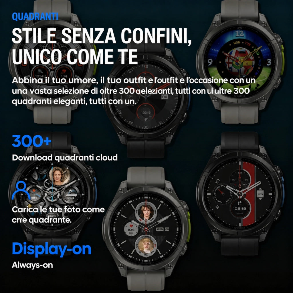 Smartwatch Orologio Intelligente con schermo AMOLED da 1;43 pollici; impermeabile 5ATM IP69K; monitoraggio della frequenza cardiaca; SpO2; sonno e attività sportiva