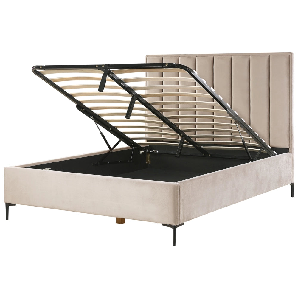 Letto Matrimoniale con Contenitore in Velluto tortora 160 x 200 cm con poggiatesta imbottita ottomana gambe in metallo Nero