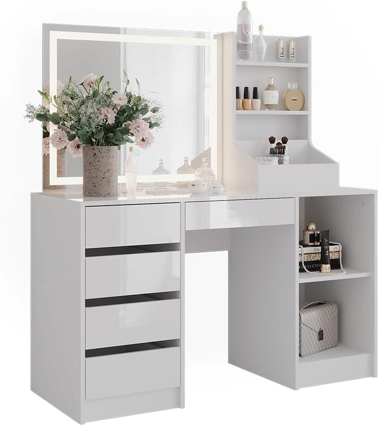 Tavolo da toeletta Sherry, Bianco/bianco lucido, 128.2 cm 3 parti