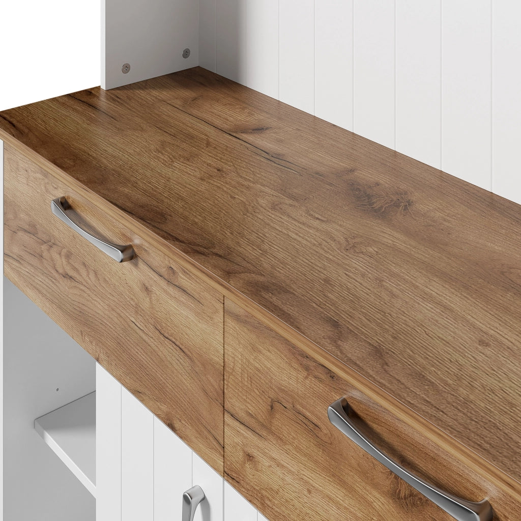 Credenza buffet per cucina con vetrinette, 2 cassetti e ganci in pannello truciolare bianco e legno 106 × 39 × 176,5 cm