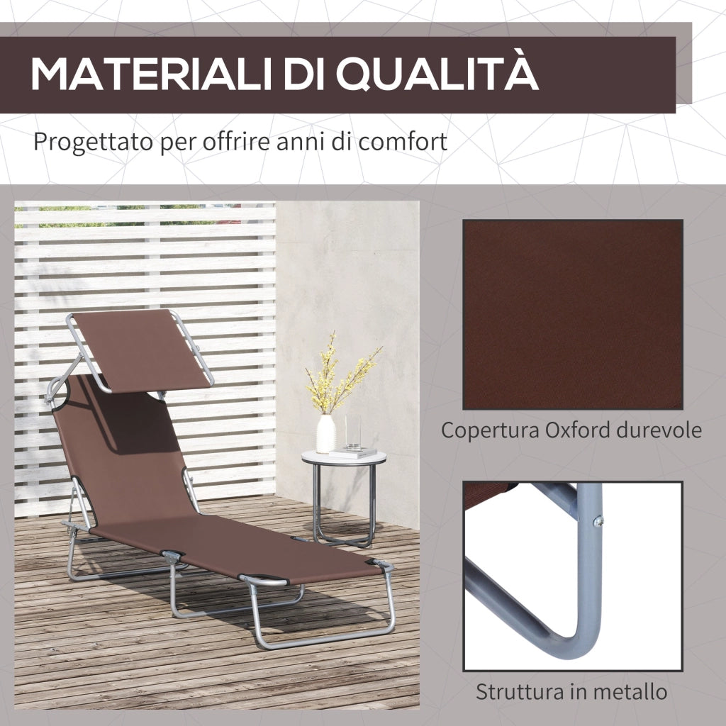 Lettino Prendisole in Ferro Pieghevole Reclinabile con Tettuccio Parasole Oxford Marrone