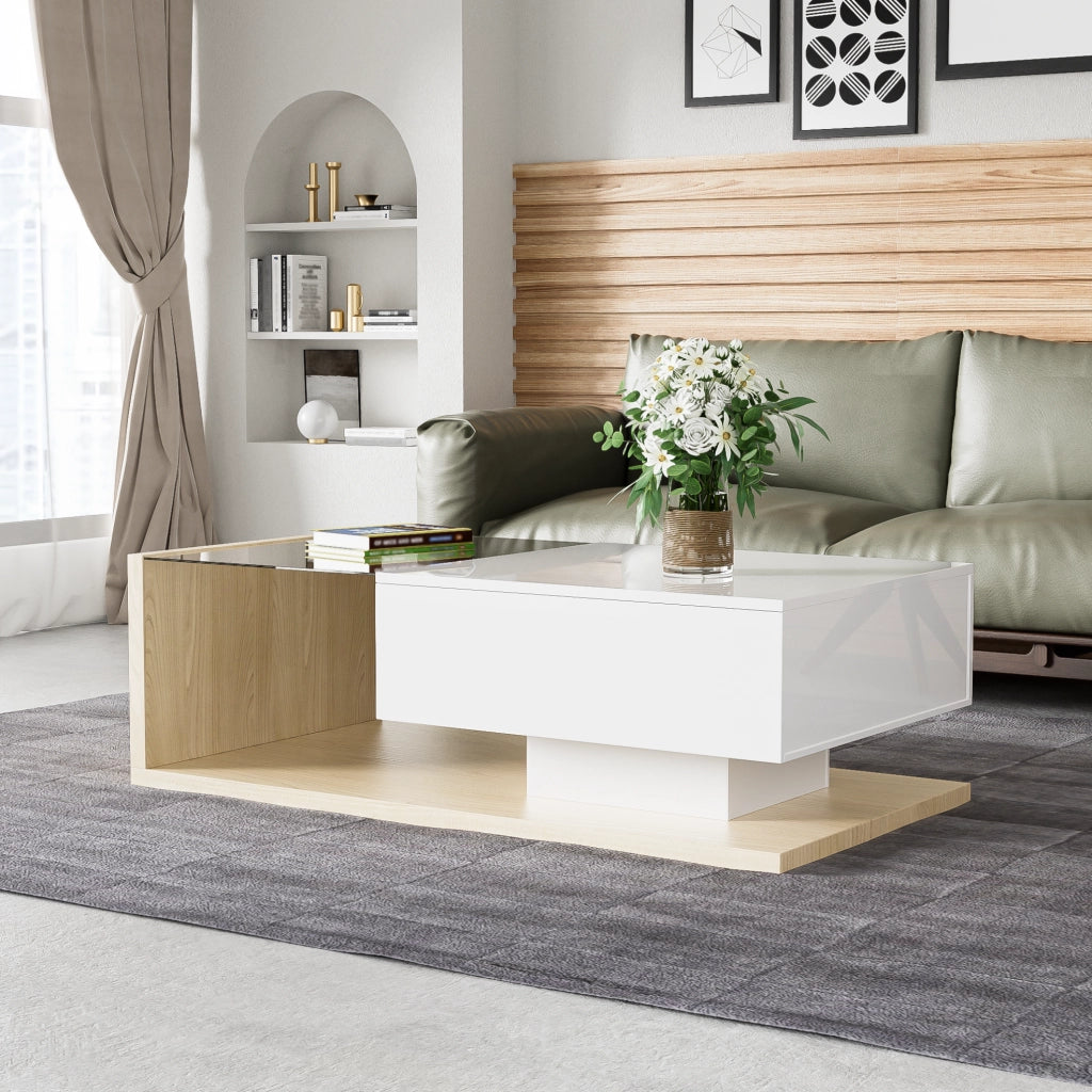 Tavolino da caffè 105 x 55 cm con vano; vetro temperato e LED 16 colori