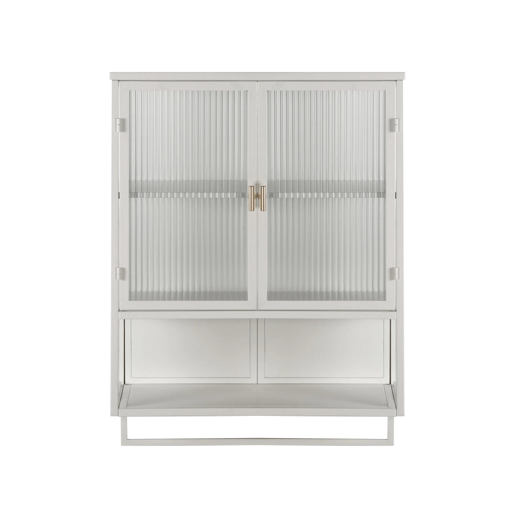 Pensile da Parete con 2 Ante in Vetro; 2 Livelli; Ripiano Aperto e Porta Asciugamani; Metallo; 60×23×78 cm; Bianco