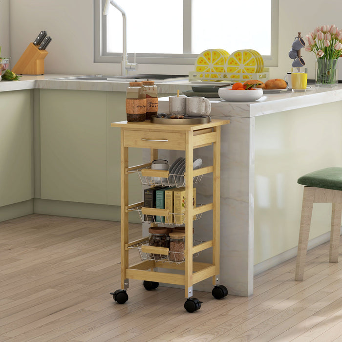 Carrello Cucina con Cassetto e 3 Cestini a Rete Metallica 37x37x76 cm in Legno
