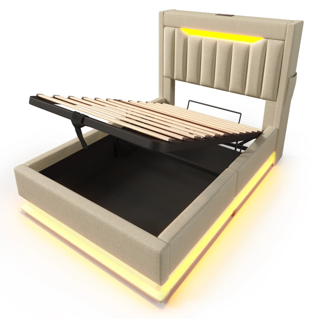 Letto singolo imbottito 90x200 cm con contenitore idraulico; LED; USB e Type-C; lino beige
