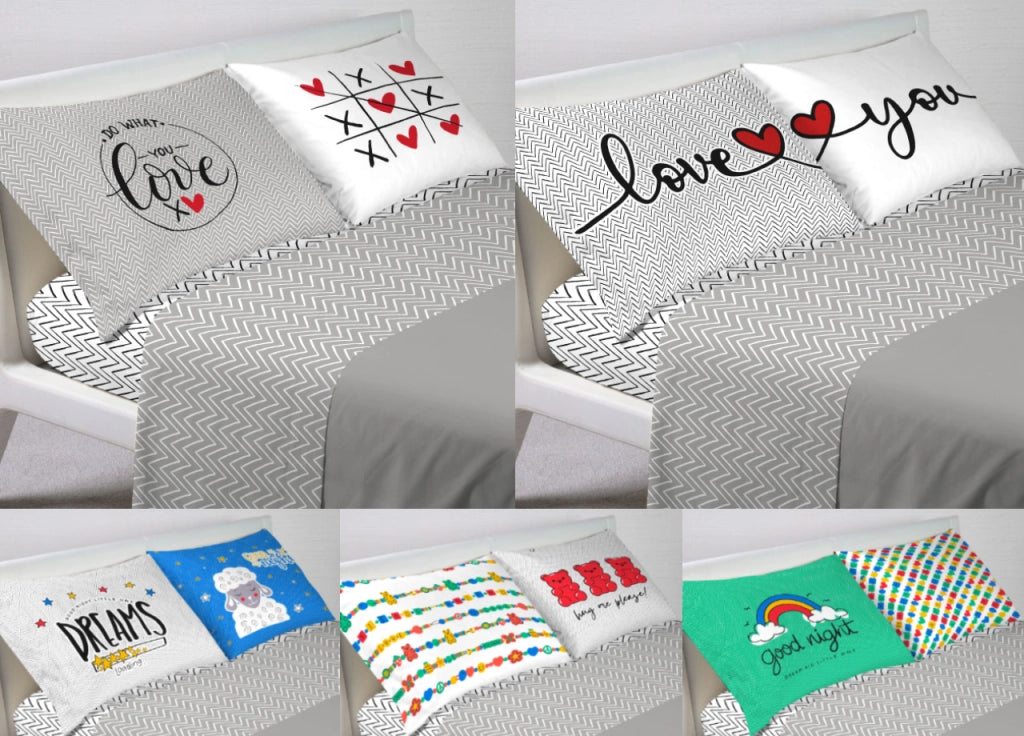 Coppia Federe Cuscino Letto Bottoni Laterali 100% Cotone Disegno Happy - Federe - Love You