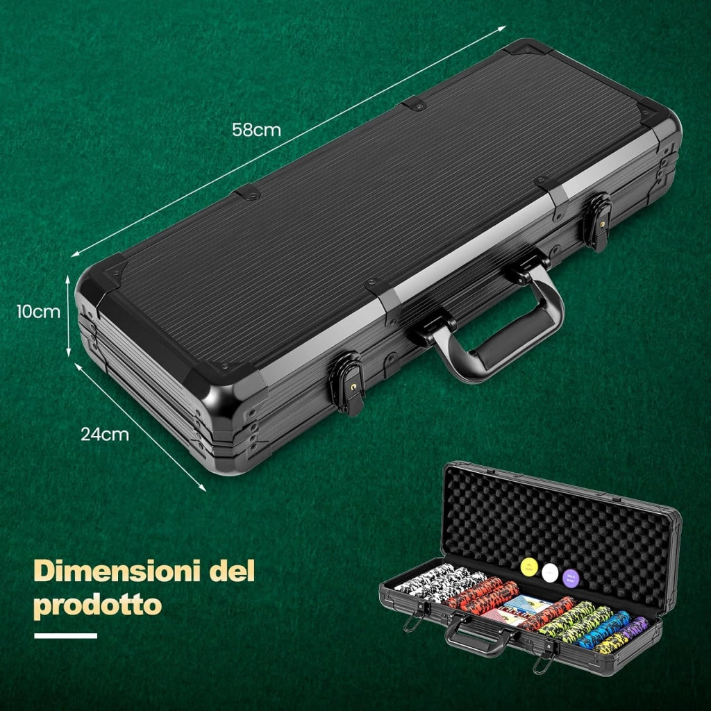Poker Chips, Set di Fiches da Poker con 500/300 Chips e Custodia in Alluminio, Mazzo di Carte 5 Dadi, Set di Fiches per Party Viaggi e Feste (500 chips)