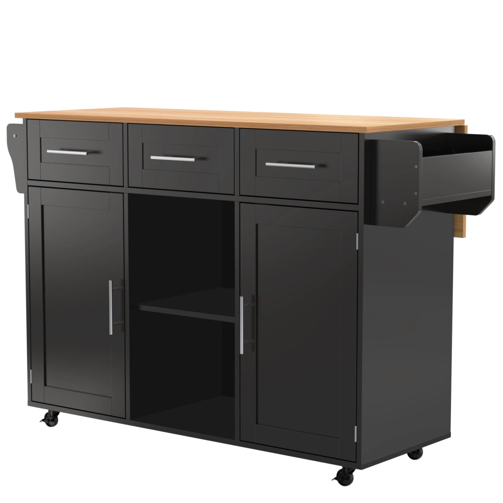 Carrello Isola Cucina 139x46/71x91;5 cm Nero con Piano Pieghevole; 3 Cassetti; Armadietti e Ruote