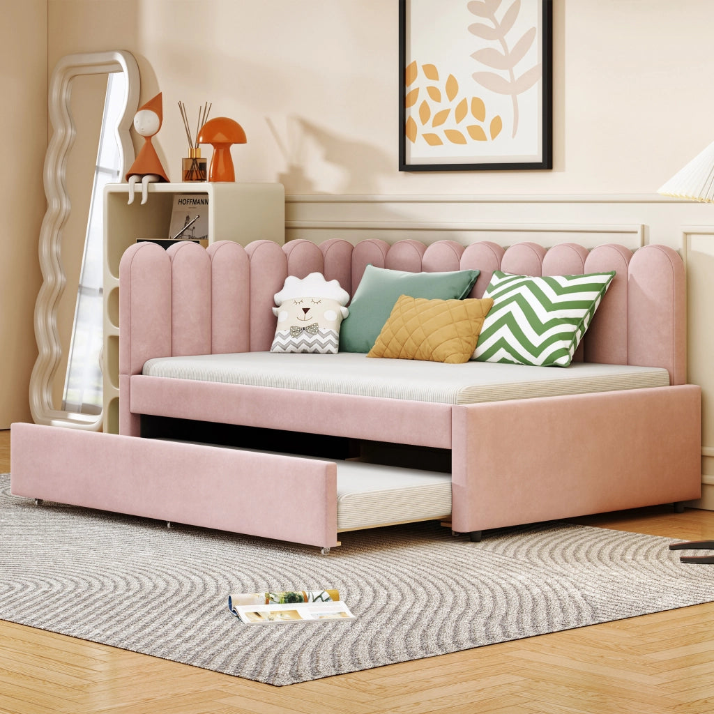 OKWISH Letto a Scomparsa 140×200 cm, Letto Matrimoniale con Letto Estraibile, Design a L e Schienale a Petali, senza Materasso, Rosa