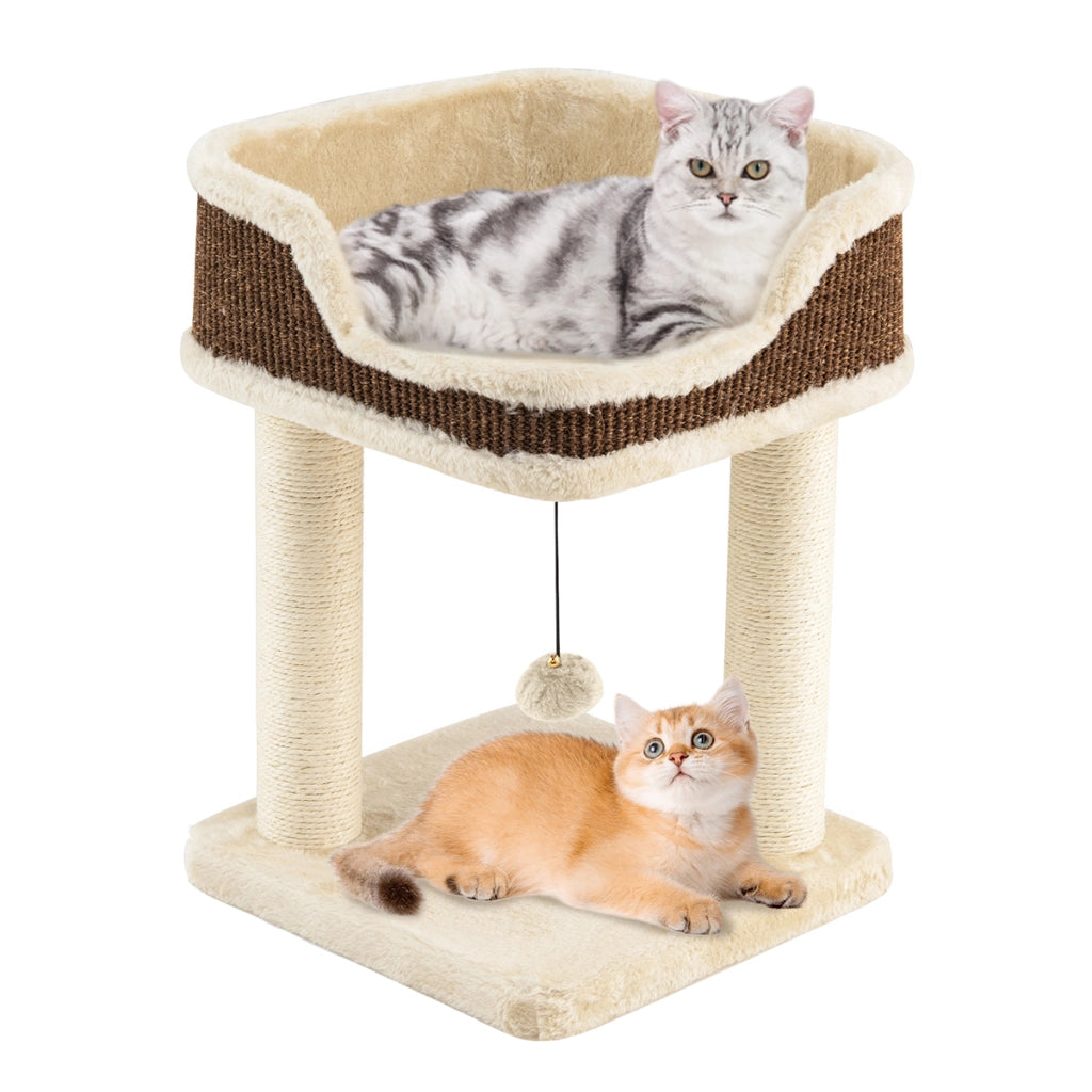 Albero per gatti da interno con palla pendente, Torretta per gatti con posatoio in peluche e pali graffianti in sisal Beige-Alberi Tiragraffi