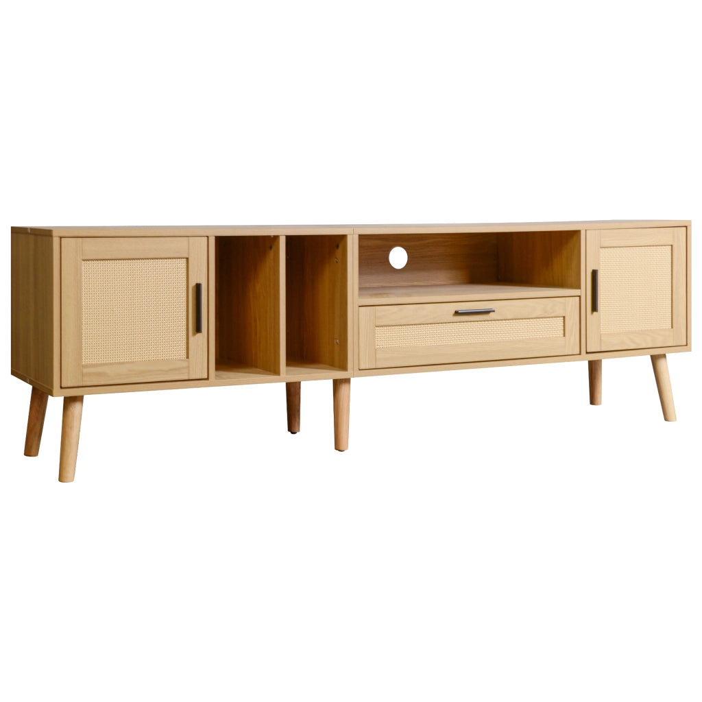 Mobile TV 180 cm in finitura legno con dettagli in rattan, 2 ante, 1 cassetto e gestione cavi per TV fino a 80 pollici