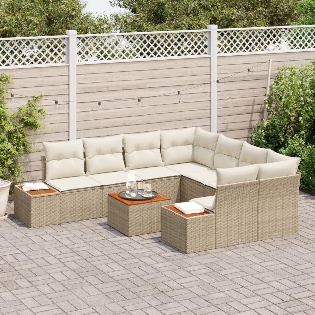 Set Divano Giardino 9 Pezzi Cuscini Beige Polyrattan Acacia