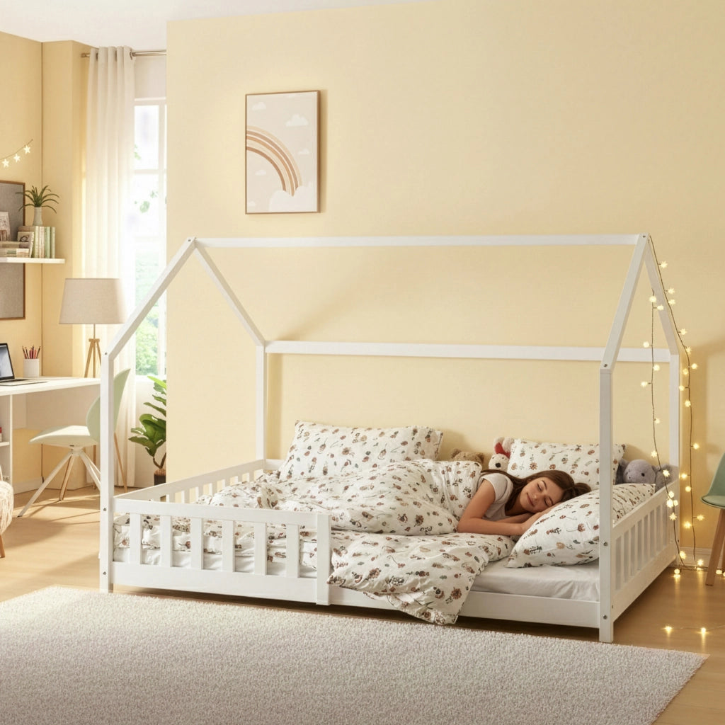 Letto Francese Hesel per Cameretta Forma di Casetta con Materasso 140 x 200 cm Bianco [en.casa]