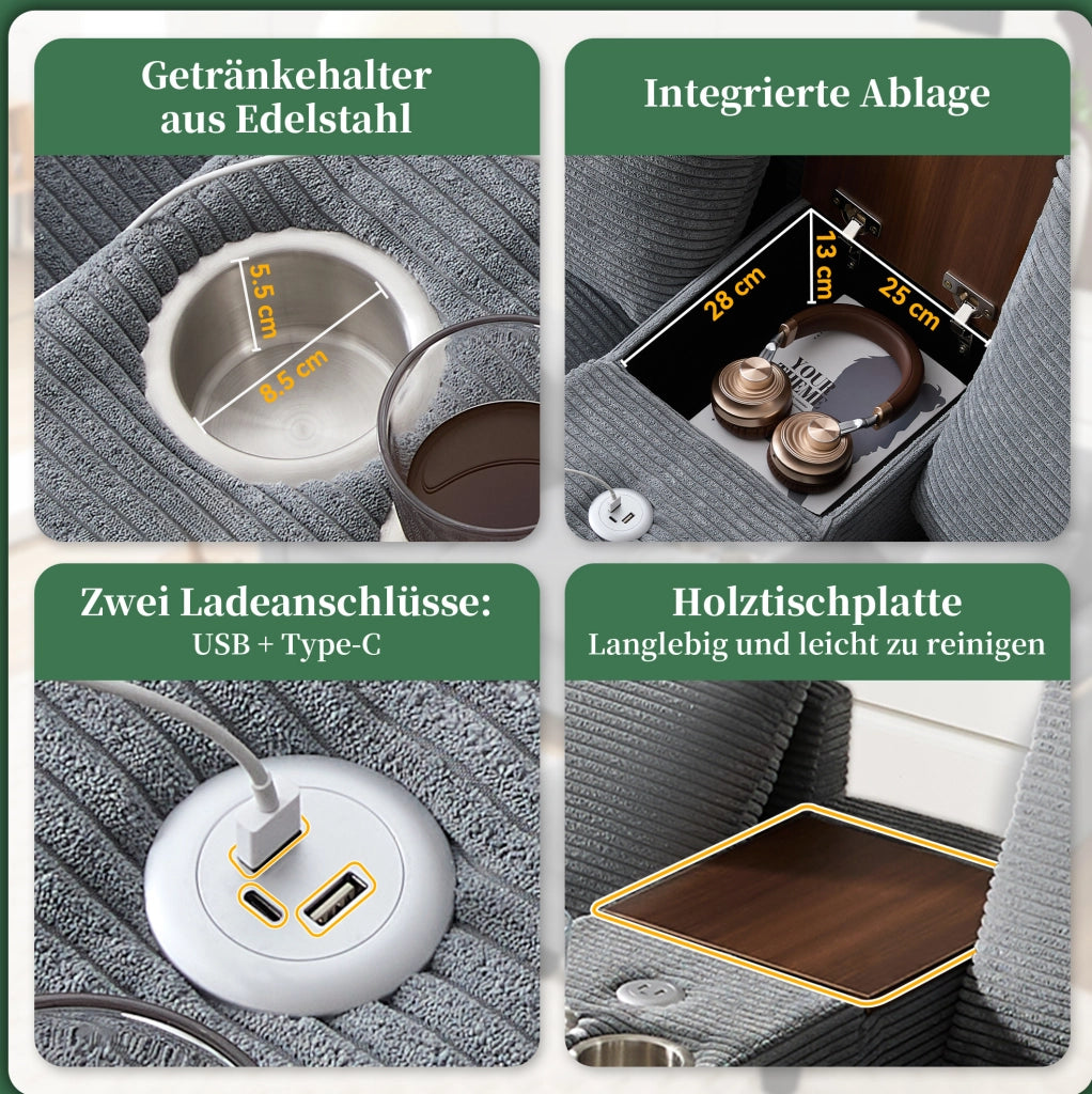 Divano angolare modulare 4 posti in velluto a coste grigio con pouf; console; USB e portabicchieri