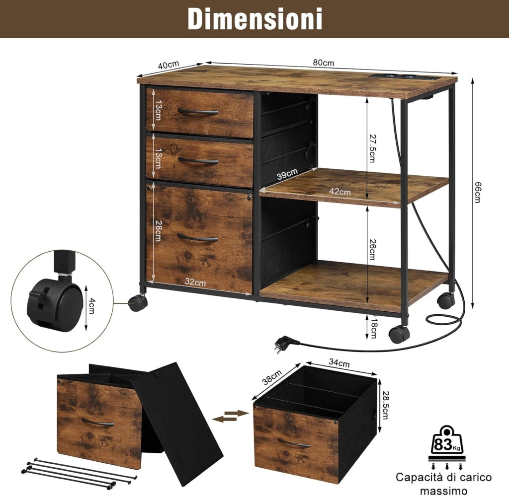 Cassettiera da Ufficio, Armadietto con 3 Cassetti e 2 Ripiani, Schedario da Ufficio con Ruote, Porta Stampante con Sezione di Ricarica, in Legno e Metallo, Marrone vintage, ASK07shm