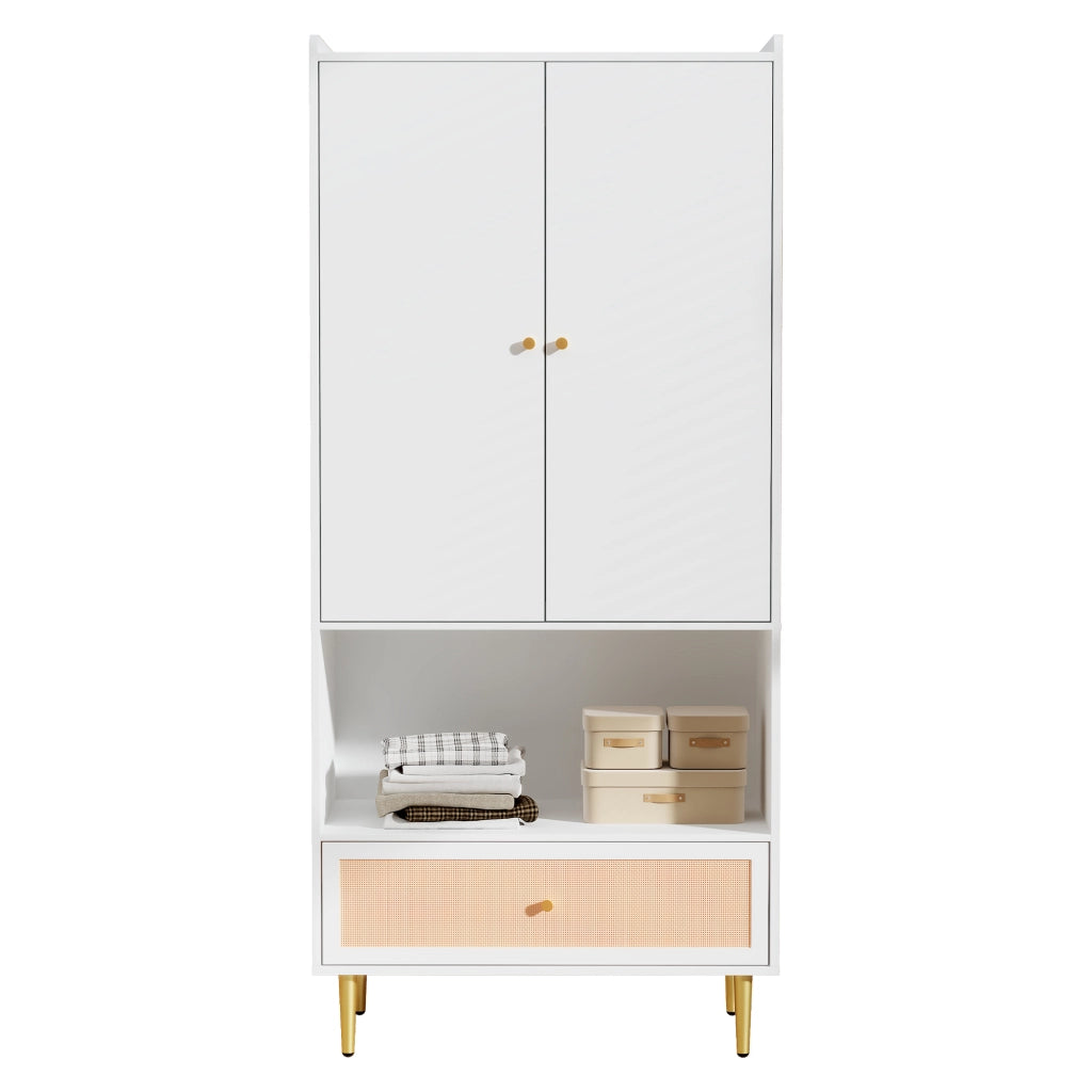 Armadio a 2 ante con cassetto in effetto rattan, barra appendiabiti e ripiano aperto, colore bianco/naturale, 80x48x175 cm