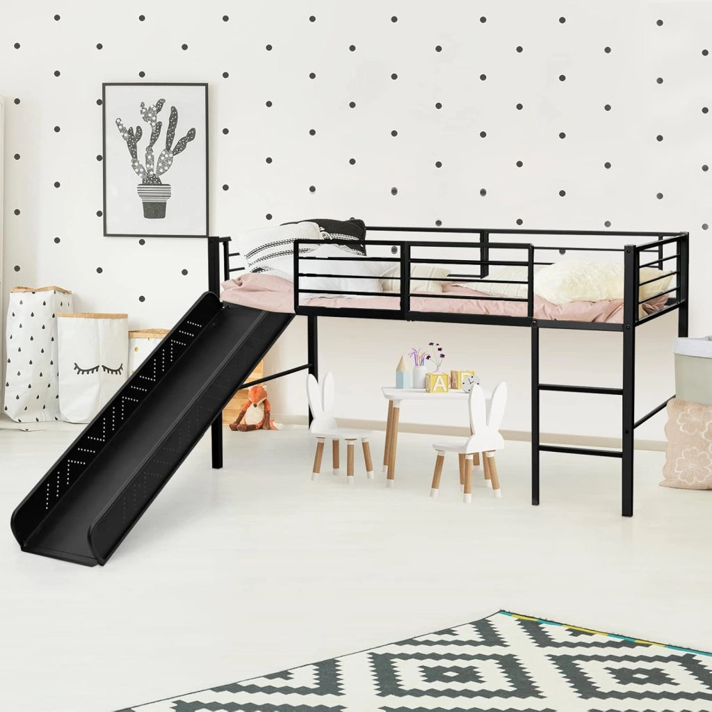Letto a Soppalco per Bambini con Scivolo E Protezione Anticaduta e Scaletta, Struttura Letto in Metallo 96x198x109cm, Letto a Castello con Rete a Doghe, Fino a 150 kg (Nero)