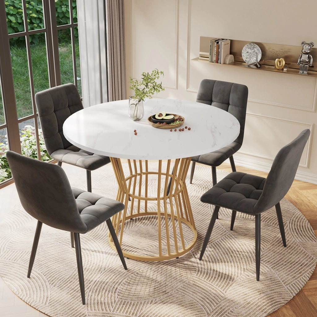 Tavolo da pranzo rotondo per 4 persone con 4 sedie in velluto e piano effetto marmo per cucina 100 × 75 cm