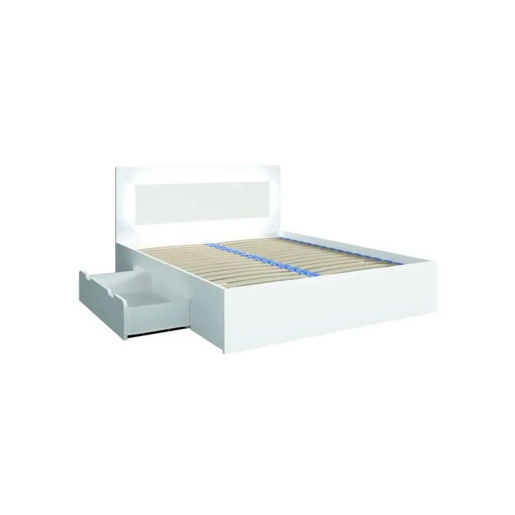 Set camera NOFI - Letto 180x200 cm con doghe, 2 cassetti, comodini, armadio e cassettiera - bianco