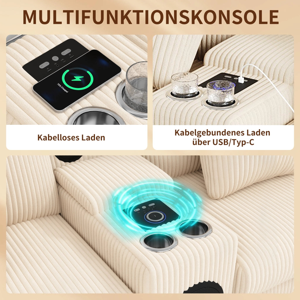 Divano modulare con altoparlante Bluetooth console di ricarica USB e Type C in tessuto a coste beige