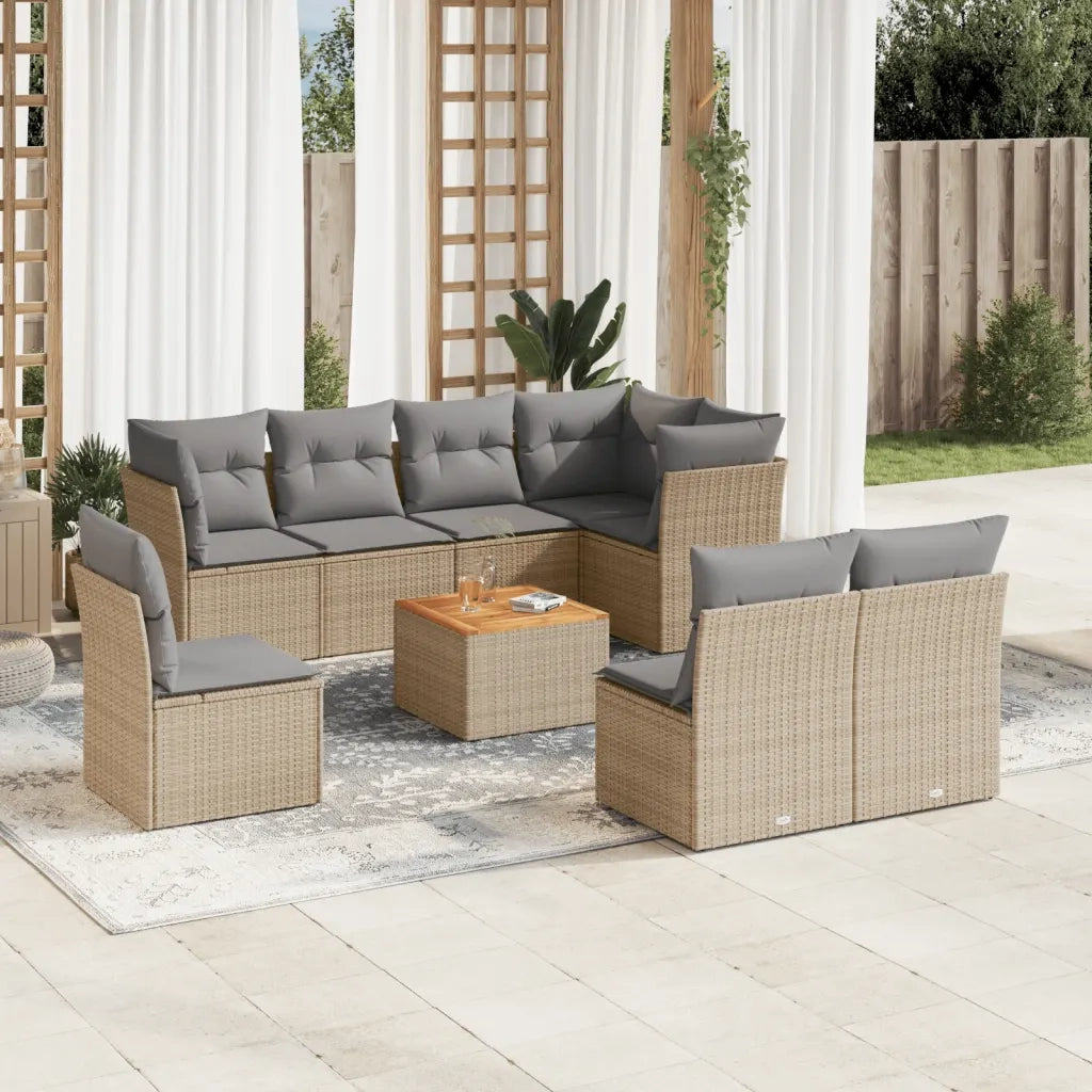 Set Divano da Giardino 9 pz con Cuscini Beige in Polyrattan