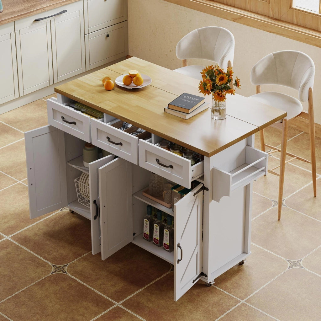 Isola da cucina mobile con piano ribaltabile, bianco e naturale
