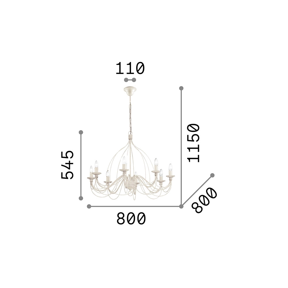 Lampadario Shabby Chic-Provenzale Corte Metallo Bianco 8 Luci E14