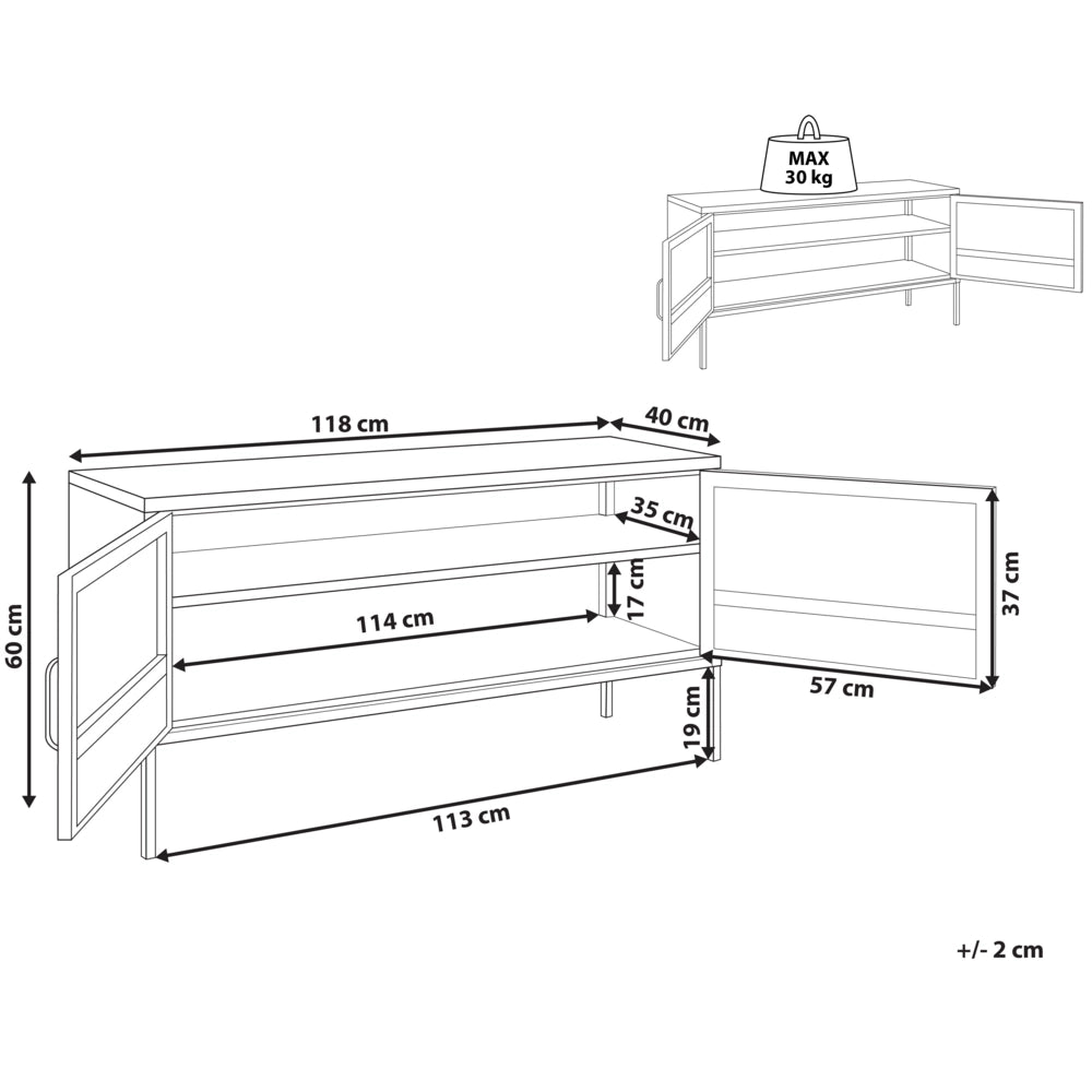 Credenza in metallo nero 118 x 40 cm 2 ante in rete ripiani gambe gestione cavi mobile tv industriale soggiorno