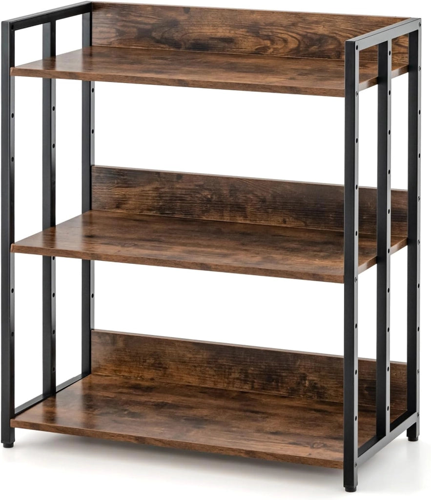 Libreria Scaffale Industriale 3 Ripiani Regolabili con Alette di Protezione, Scaffale Libreria Portaoggetti in Telaio in Metallo, Mensola Multifunzione, 2 Colori, 70 x 35 x 81 cm (Marrone)