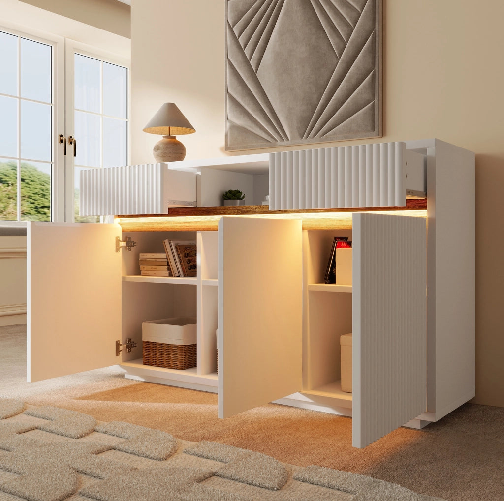 Madia bianca 140 x 40 x 85 cm con LED; 2 cassetti e ripiani regolabili